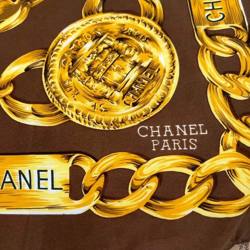 CHANEL PARIS Brown/Gold Silk Scarf Chain Print 34" Square Luxury Old Money - Picture 3 of 3